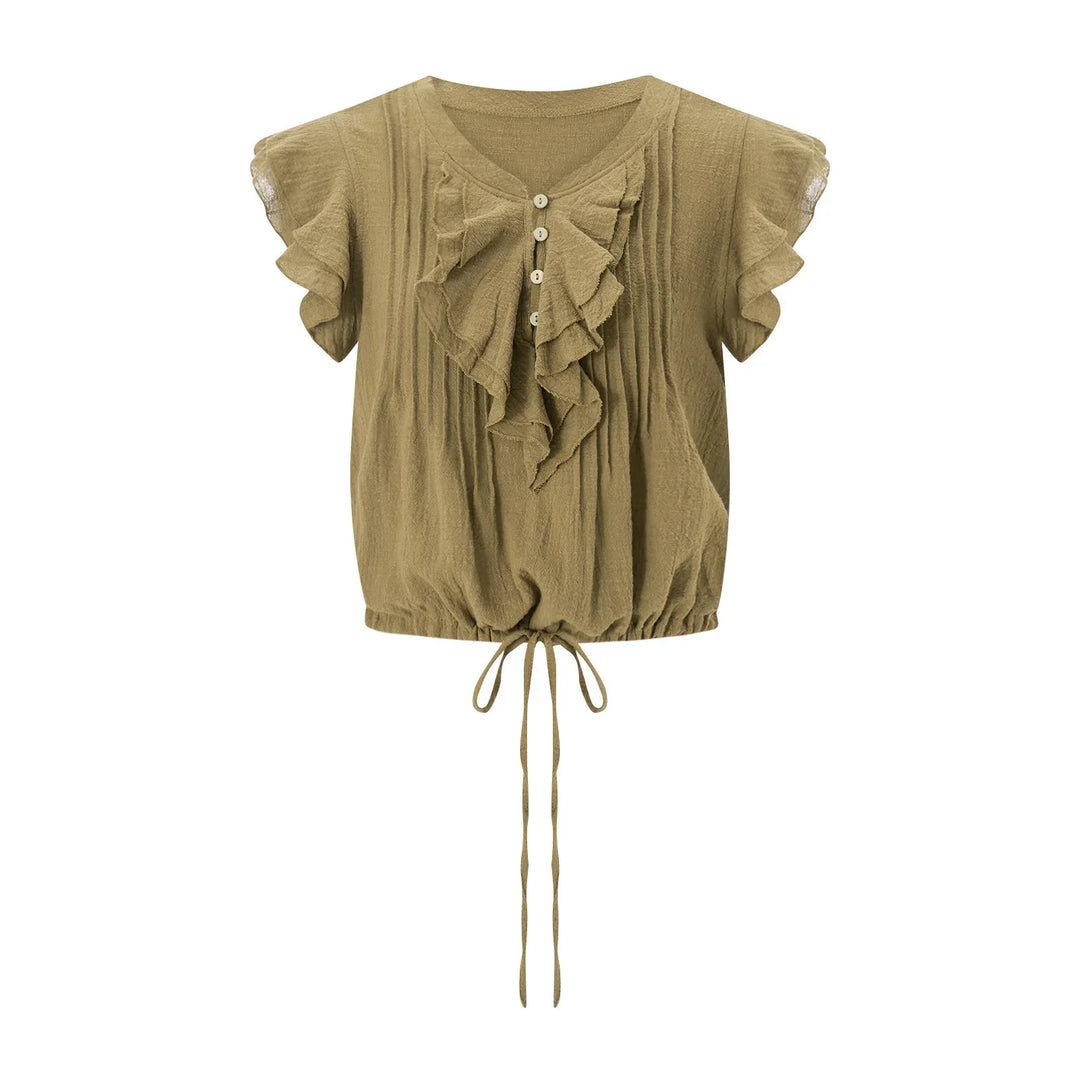 Casual women's flutter sleeve ruffle crop top, perfect for beach & vacation.