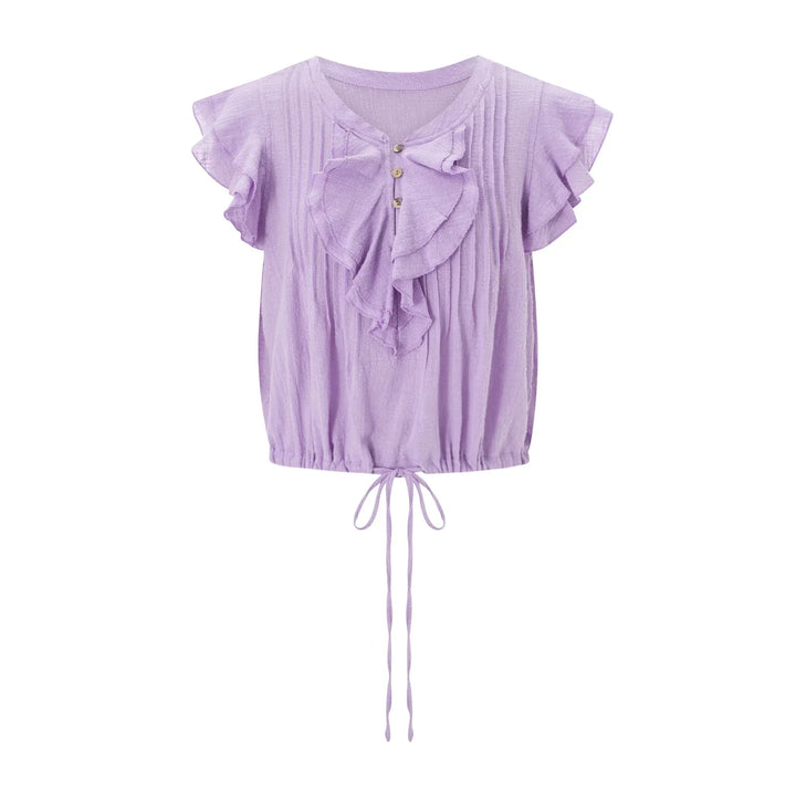 Stylish women's summer crop top with front ruffles, an essential for resort wear.