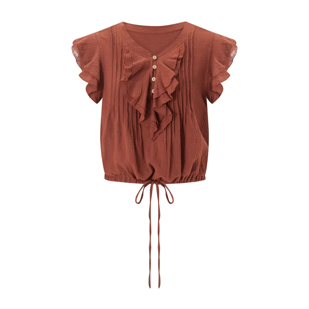 Women's flowy ruffle front crop top, offering effortless beach style & comfort.
