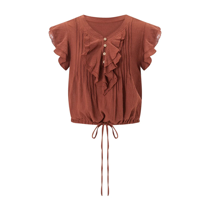 Women's flowy ruffle front crop top, offering effortless beach style & comfort.