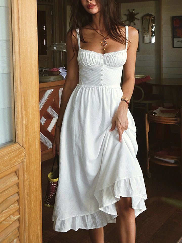 Stylish women's sleeveless midi dress with a delicate ruffle hem, ideal for summer style and spring outfits.
