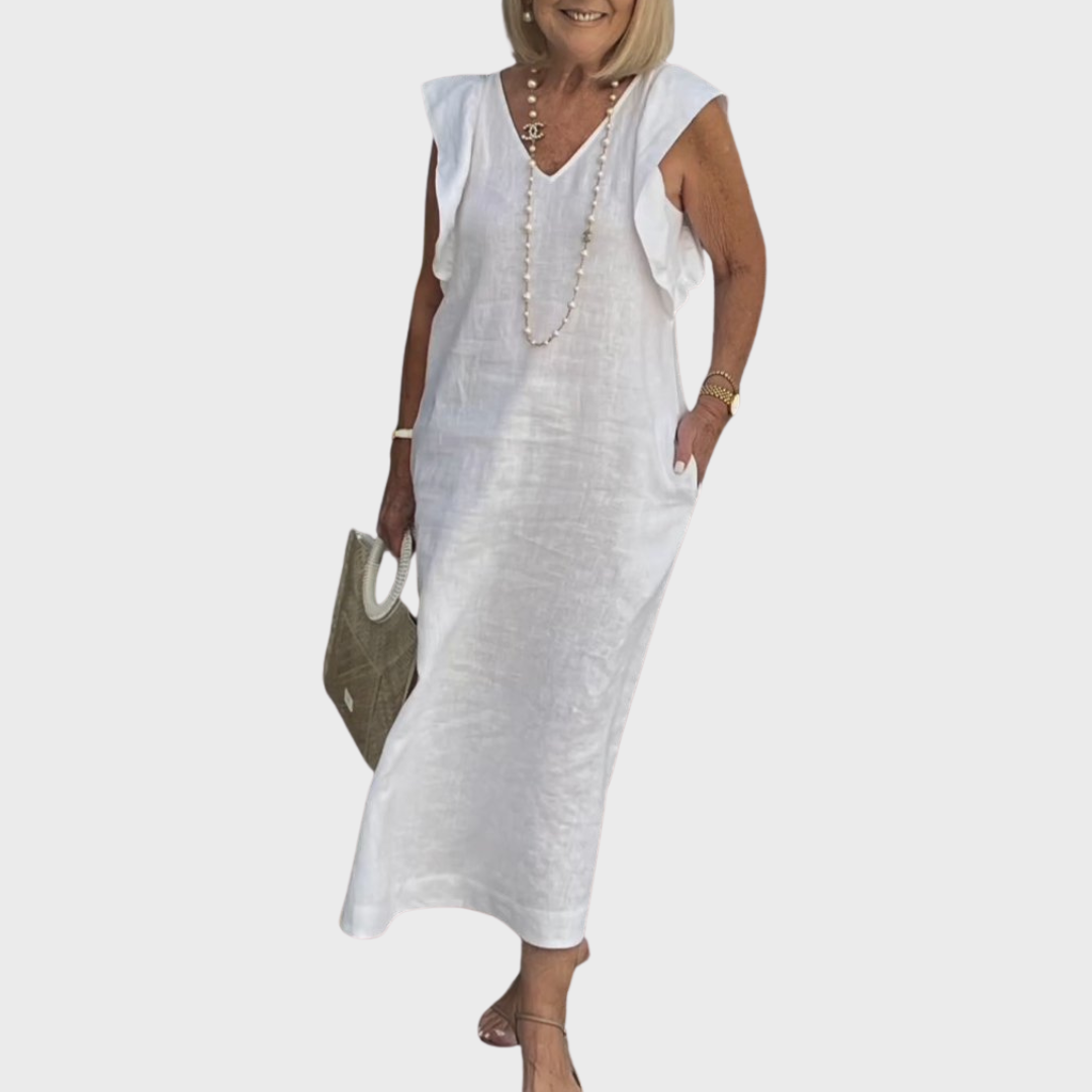 Women's ruffle shoulder V-neck sleeveless maxi dress with practical pockets, ideal for summer fashion.