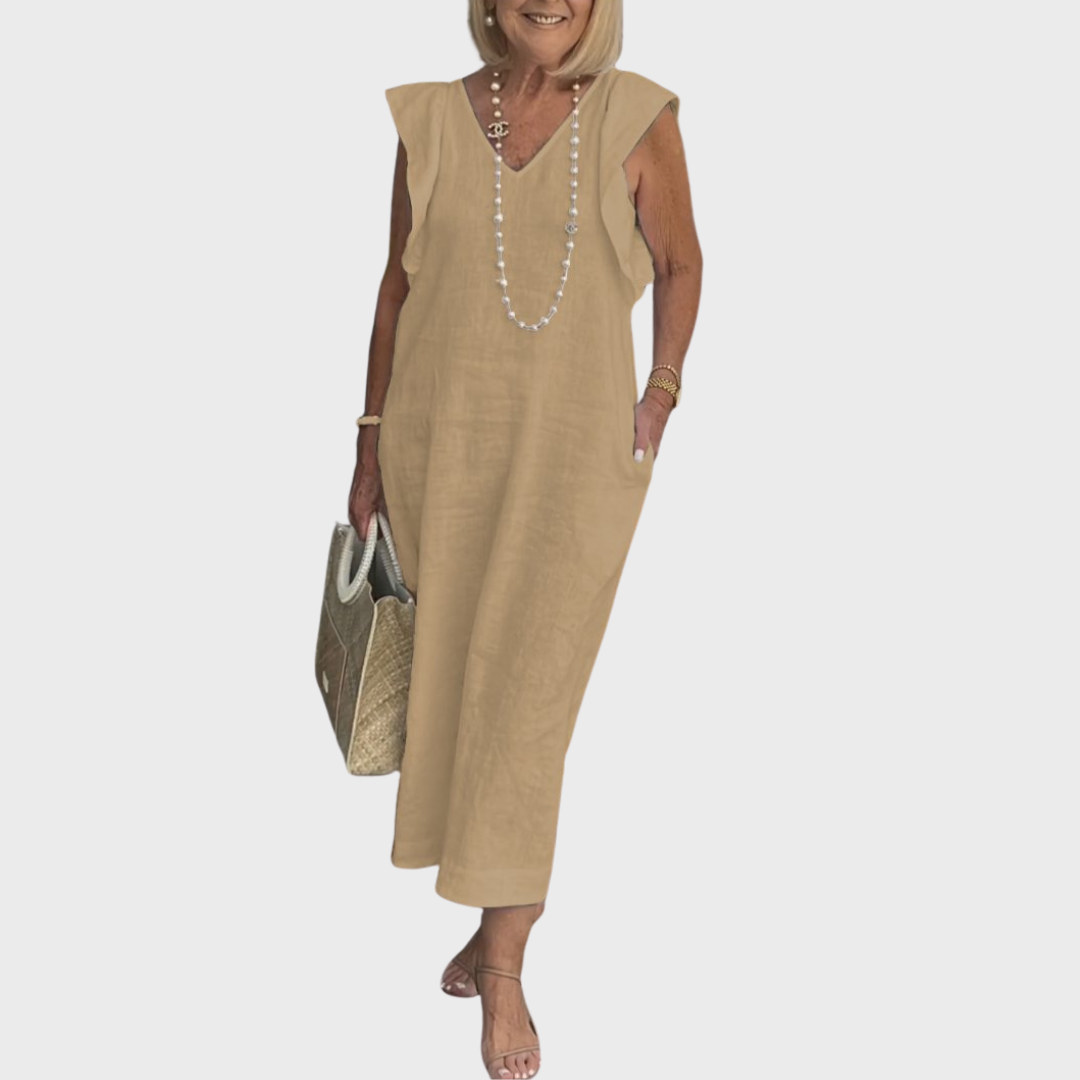 Women's casual maxi dress: V-neck, ruffle shoulder, sleeveless, with roomy pockets for ultimate convenience.