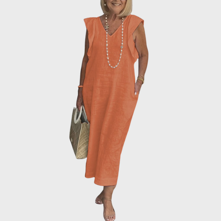 Versatile women's sleeveless maxi dress, ruffle shoulder V-neck design, with pockets for everyday or vacation.