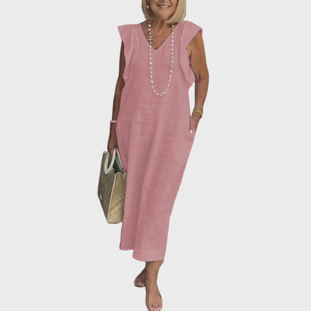 Summer fashion women's maxi dress: V-neck, ruffle sleeves, and pockets. A comfortable and chic outfit choice.