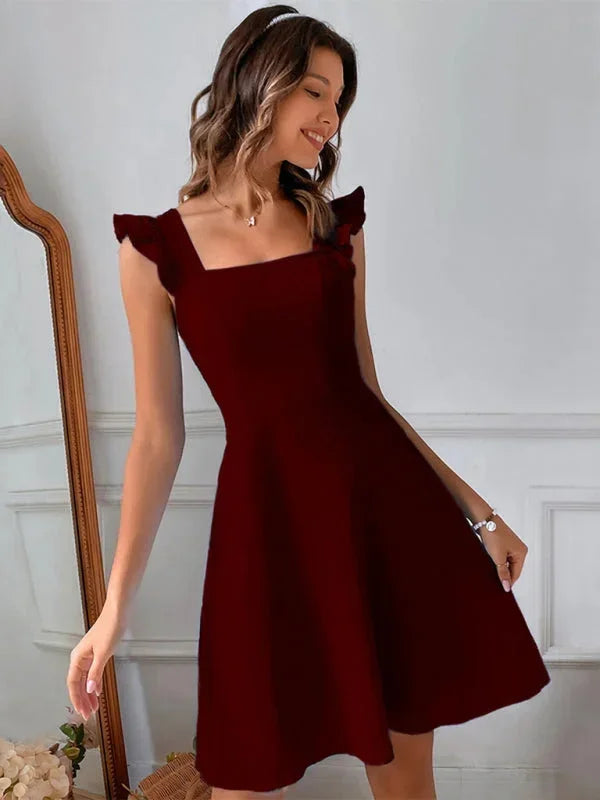 Ruffle strap A-line mini dress for women, featuring a beautiful bow back accent.