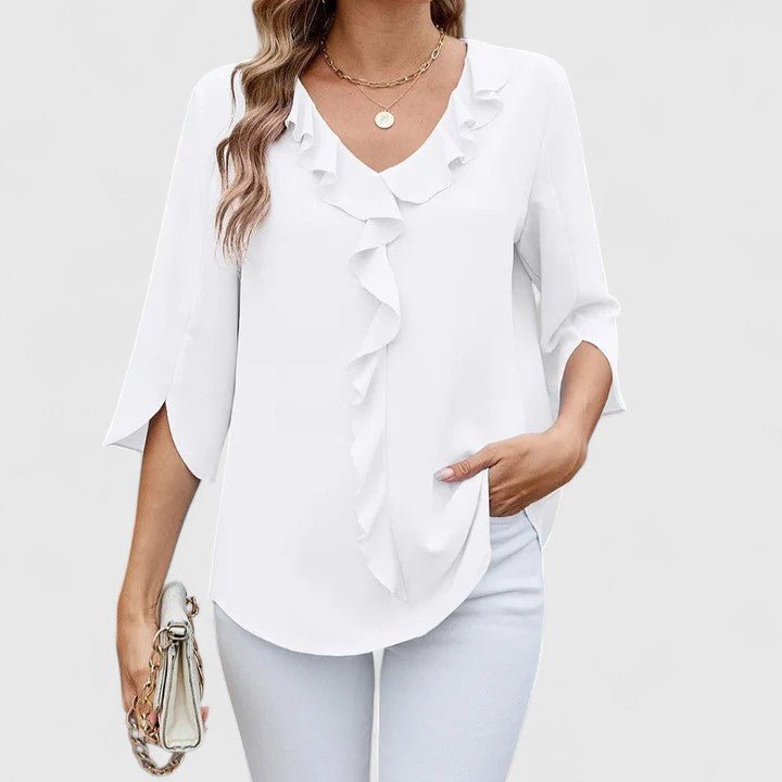 Stylish women's ruffle V-neck blouse with split sleeves, ideal for elegant spring fashion.