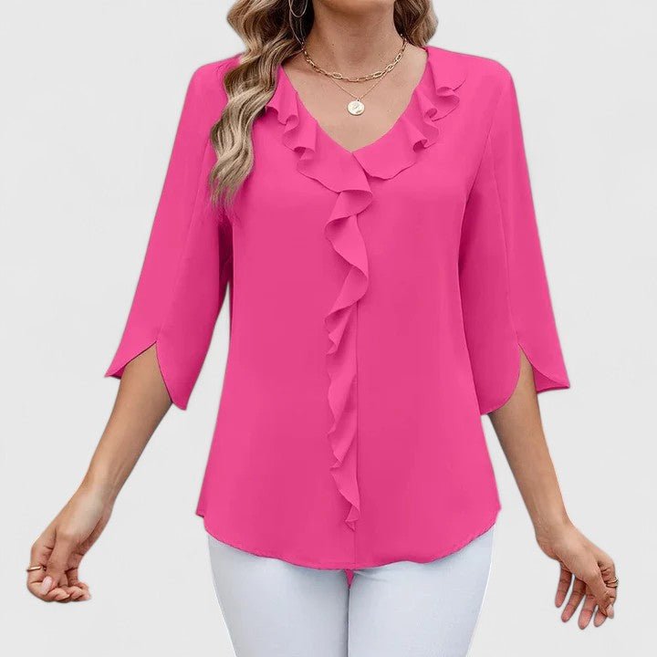 Flowy women's ruffle V-neck blouse, airy split sleeves for comfortable spring/summer wear.
