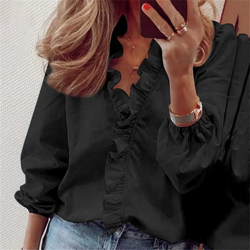 Comfortable women's relaxed fit ruffle V-neck long sleeve blouse, great for everyday or office elegance.