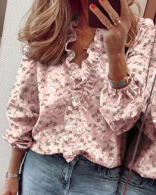 Stylish women's V-neck long sleeve ruffle top, a versatile button-front blouse for elegant casual & office wear.