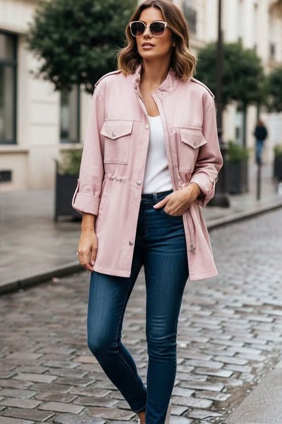Women's rugged utility jacket with stylish open back detail, perfect for modern street style & layering.