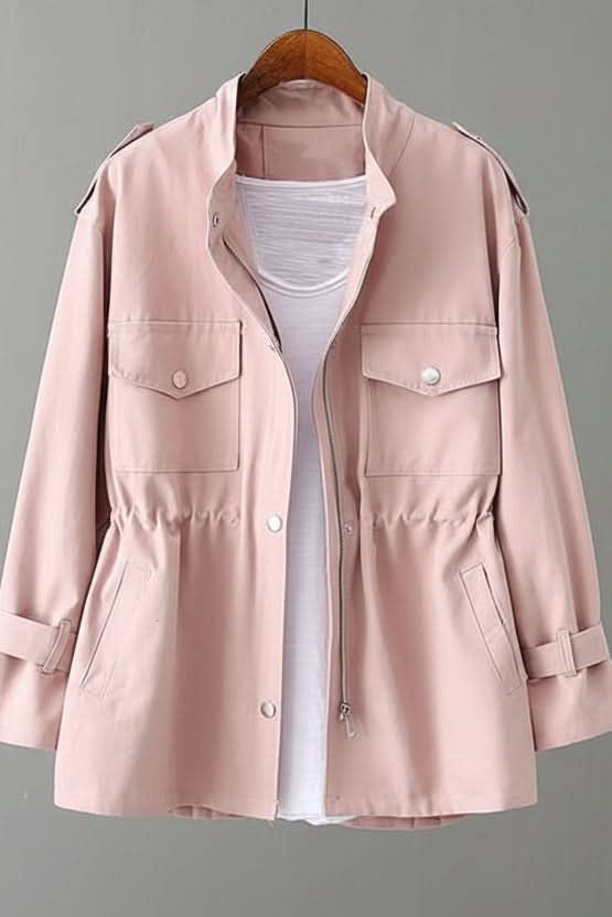 Casual women's open back utility jacket, ideal outerwear for street fashion, layering, and modern looks.