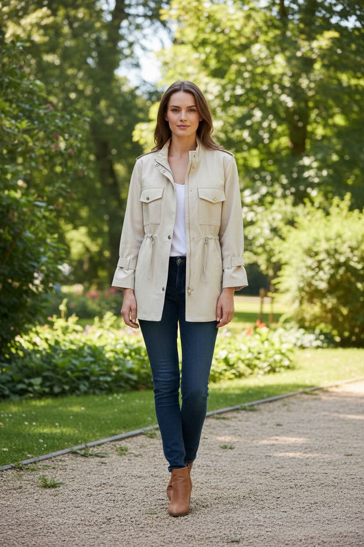 Durable women's rugged utility jacket, versatile open back outerwear for fashion-forward casual layering.