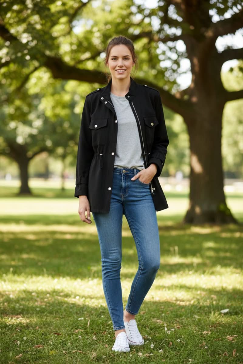 Fashionable women's utility jacket, featuring a unique open back, perfect for modern street style outerwear.