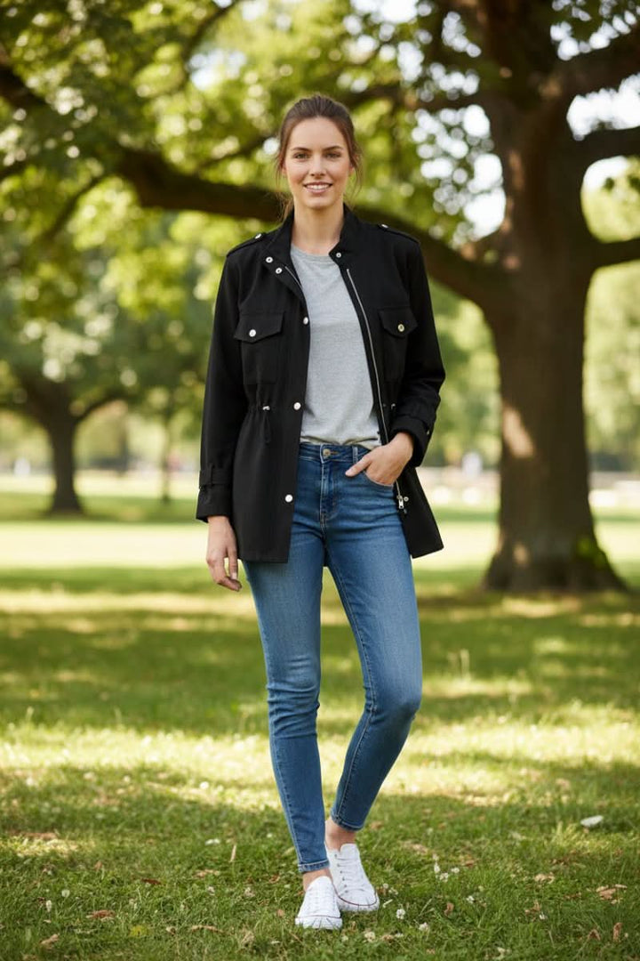 Fashionable women's utility jacket, featuring a unique open back, perfect for modern street style outerwear.
