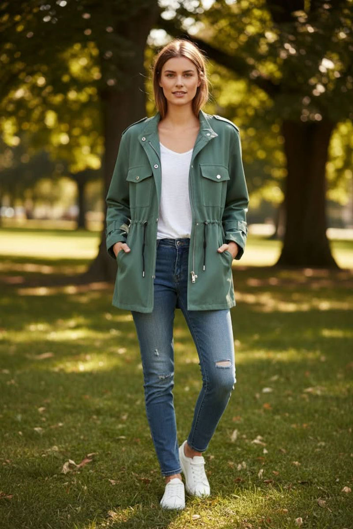 Stylish women's open back utility jacket, rugged design for versatile outerwear & casual layering.
