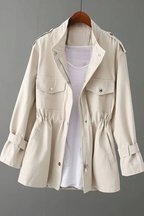 Modern women's rugged utility jacket, ideal for casual layering, street fashion, and unique open back style.