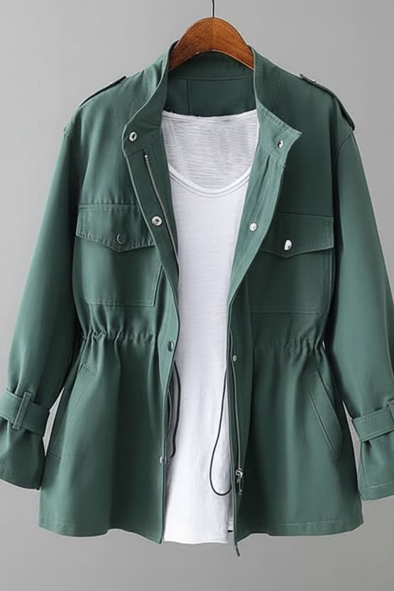 Trendy women's open-back utility jacket, a rugged outerwear piece perfect for fashion layering & modern style.
