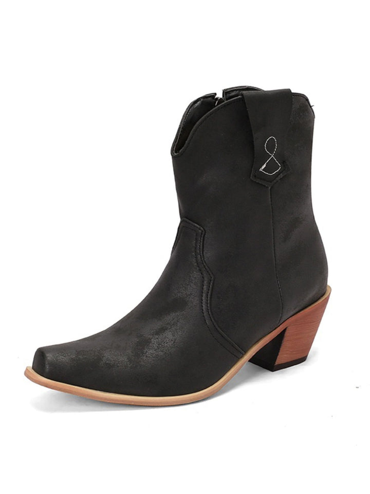 Women's rustic black wide calf snip toe cowgirl boots with block heel for western style.