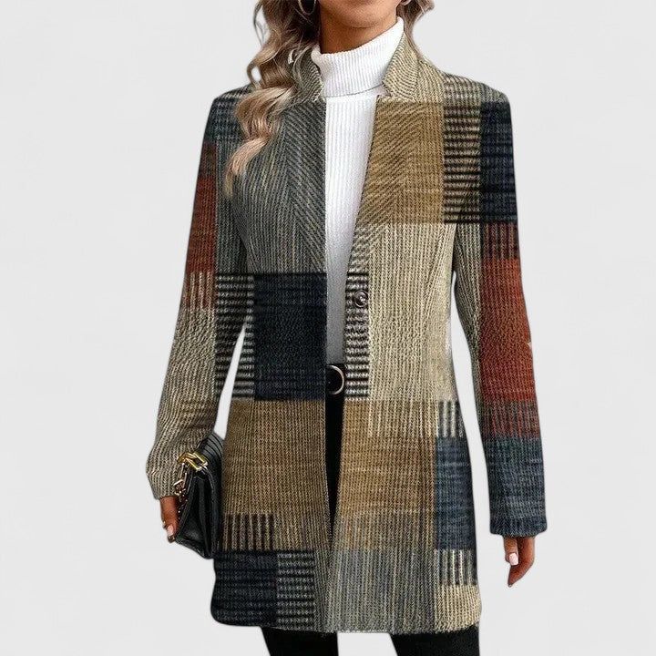 Chic women's rustic plaid longline blazer. Stylish workwear or smart casual jacket for autumn & winter fashion.