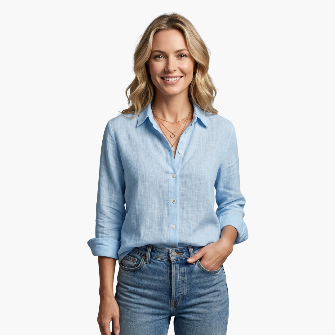 Relaxed fit women's blouse with unique scallop collar. Comfortable everyday fashion, perfect for spring.