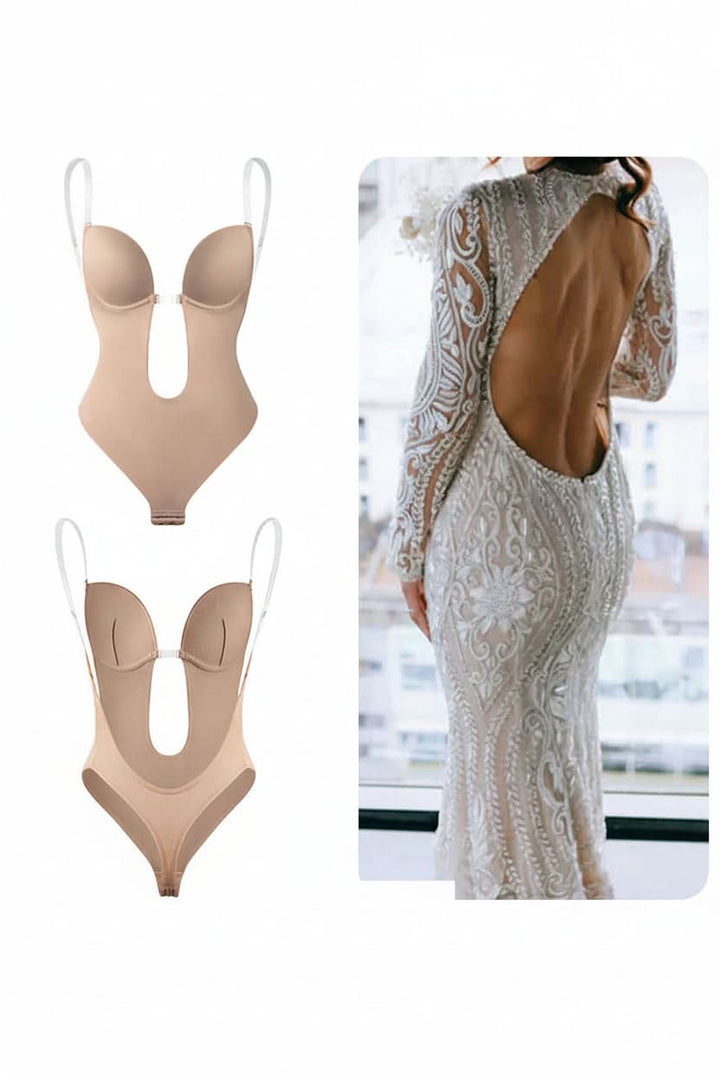 Black seamless backless shapewear bodysuit, providing firm support and a smooth, sculpted look.