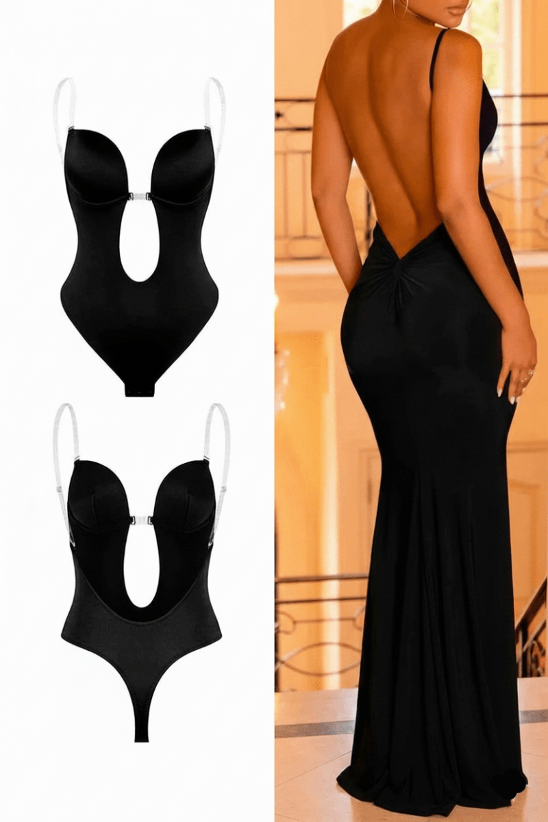 Model wearing women's seamless backless bodysuit under a gown, highlighting invisible support.