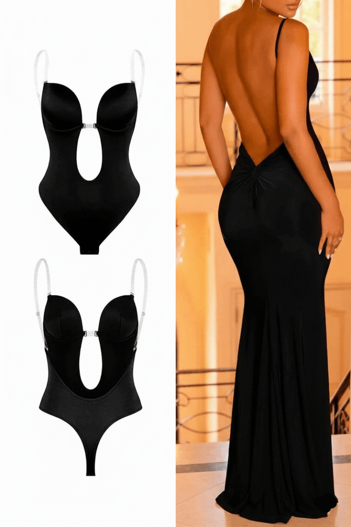 Model wearing women's seamless backless bodysuit under a gown, highlighting invisible support.