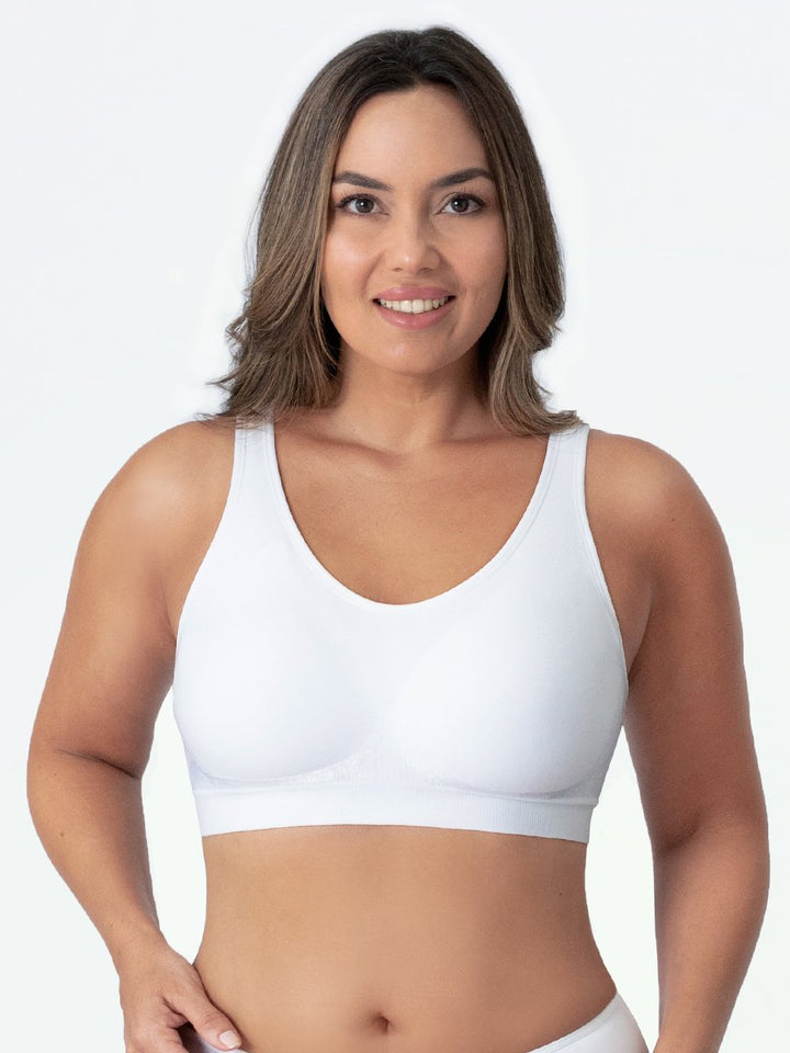 Soft, seamless women's shapewear sports bra, Elena, designed for wire-free comfort & breathable support.