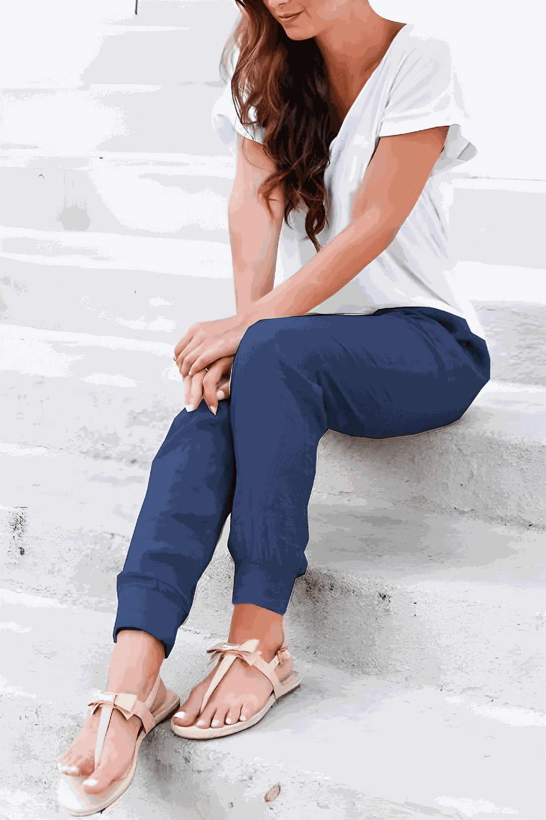 Drawstring elastic waist detail on women's Sedona casual jogger trousers for comfort.