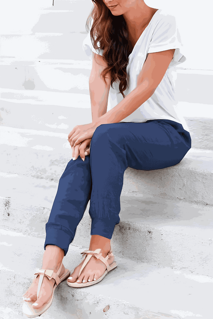Drawstring elastic waist detail on women's Sedona casual jogger trousers for comfort.