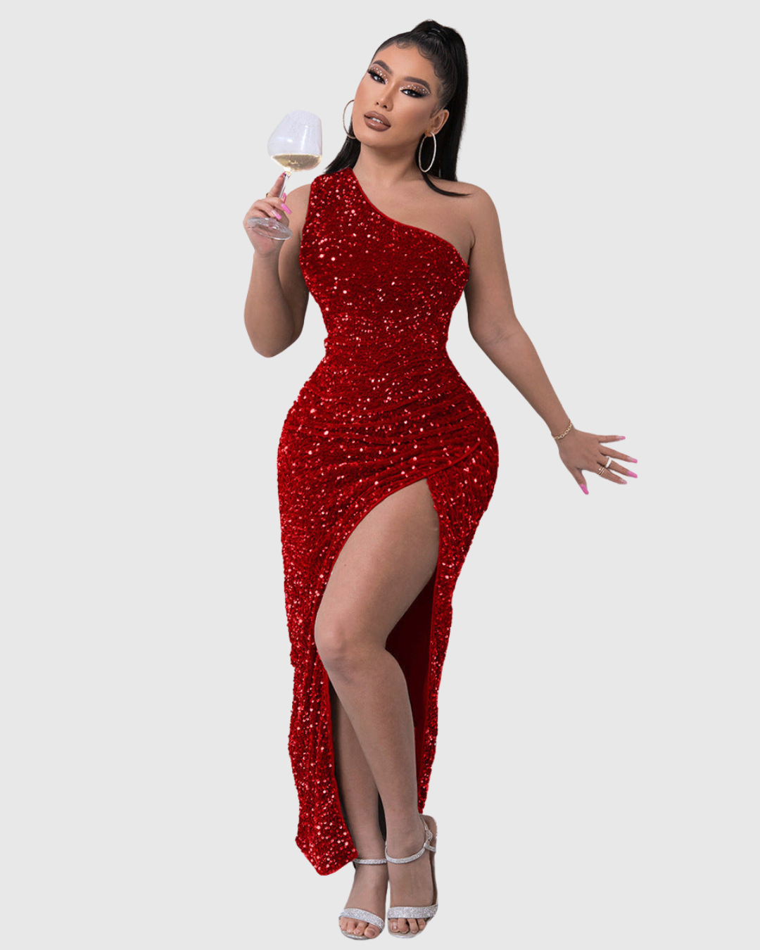 Formal women's one-shoulder sequin gown, ideal for homecoming, proms, or evening events.