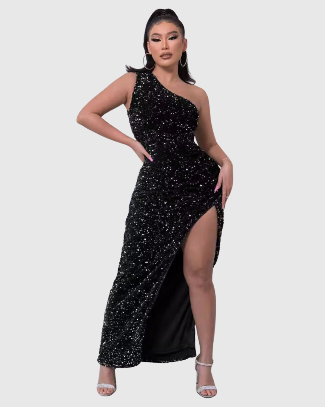 Shimmering women's one-shoulder sequin mermaid dress, a glamorous choice for any party.