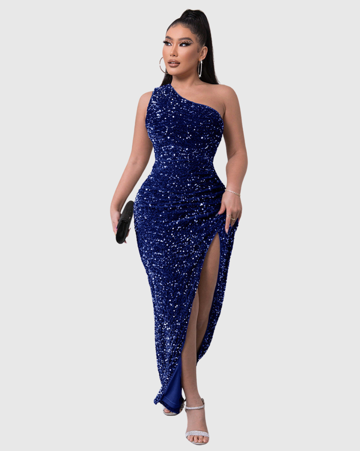Elegant women's one-shoulder sequin cocktail dress, fitted with a stylish thigh slit.