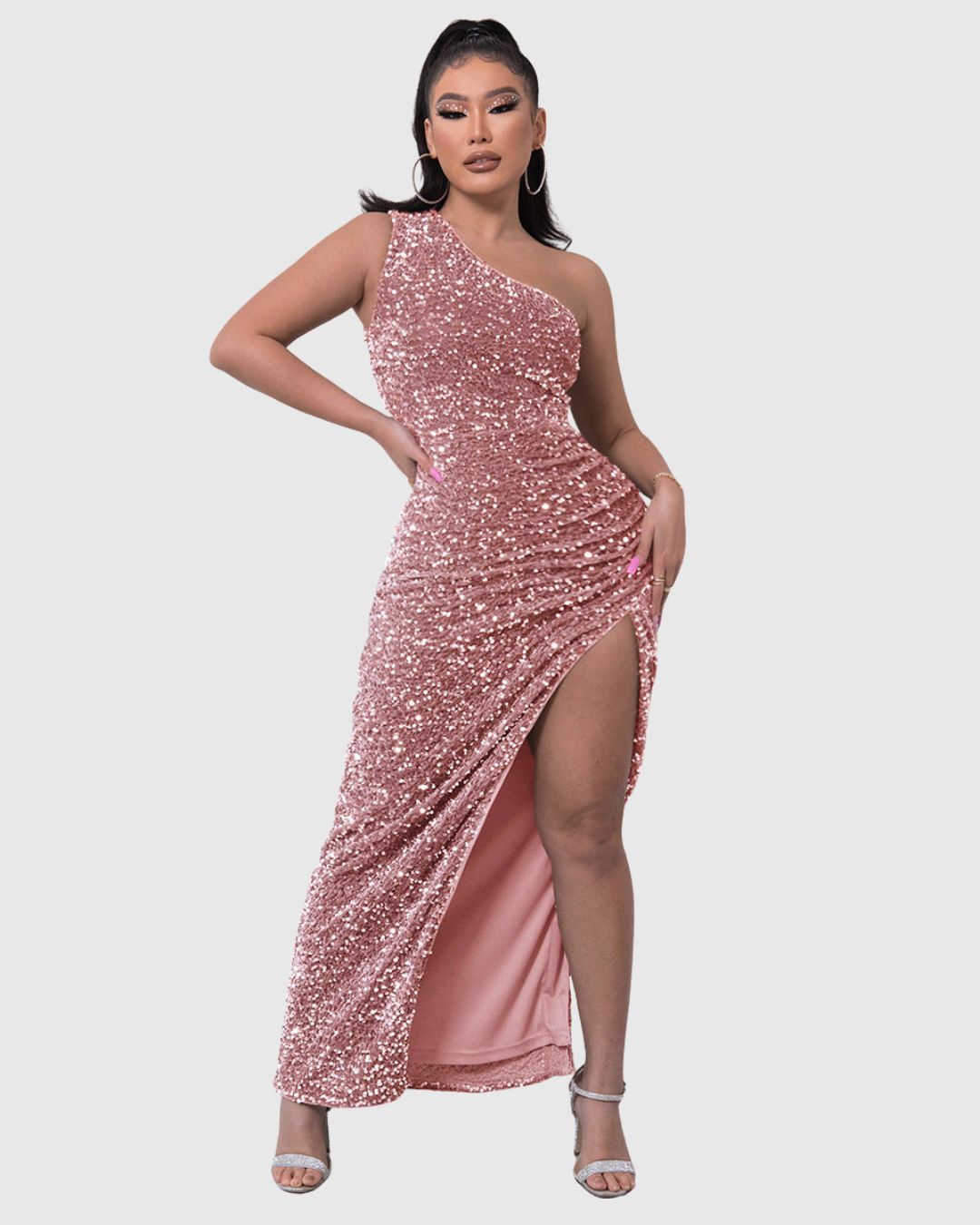 Glamorous sequin one-shoulder evening dress with a mermaid cut for a stunning look.