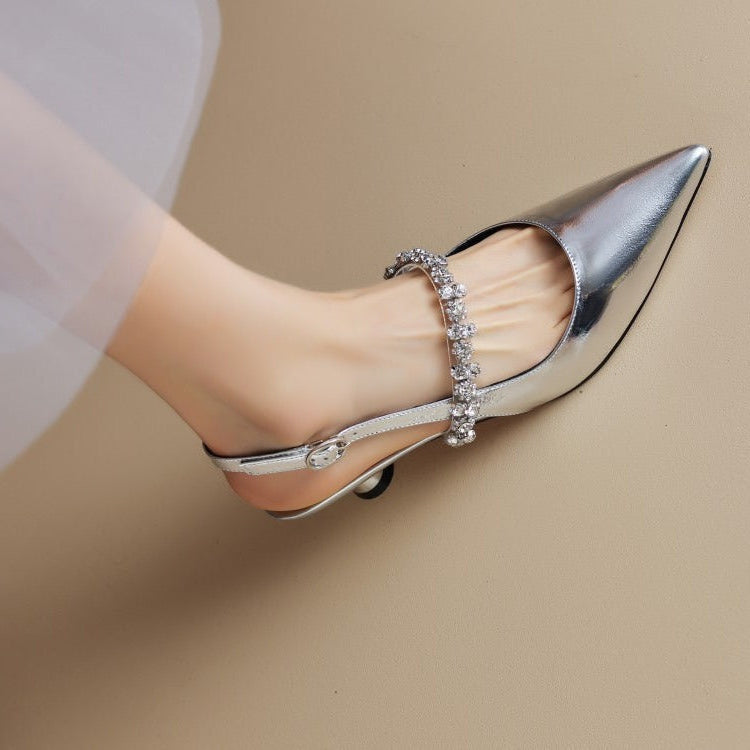 Women's Seraphina crystal strap slingback pointed toe heels, perfect for elegant evening wear.