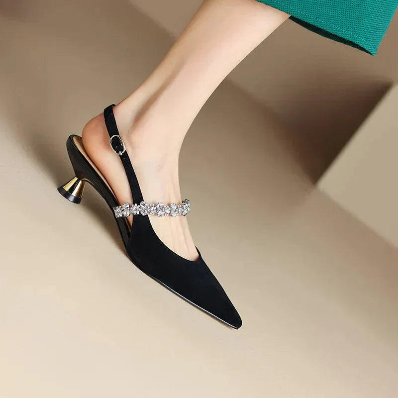 Stylish crystal strap slingback heels for women, featuring a sharp pointed toe for formal wear.