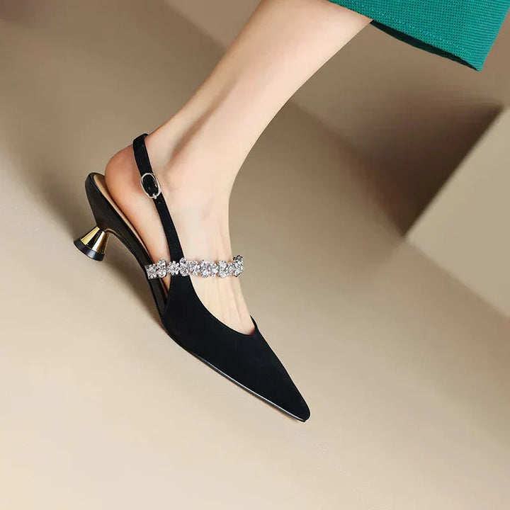 Stylish crystal strap slingback heels for women, featuring a sharp pointed toe for formal wear.