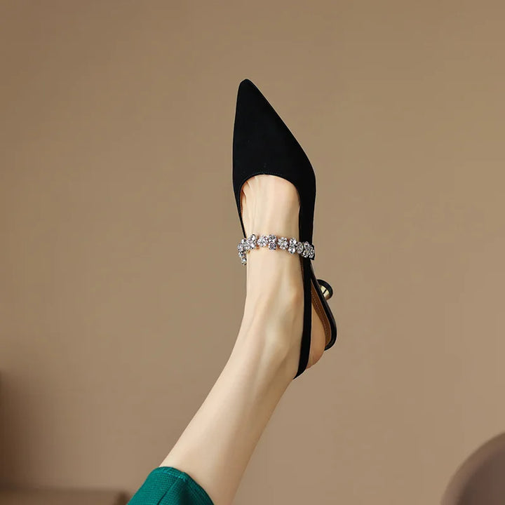 Women's glamorous crystal slingback pumps, pointed toe evening shoes for elegant formal events.