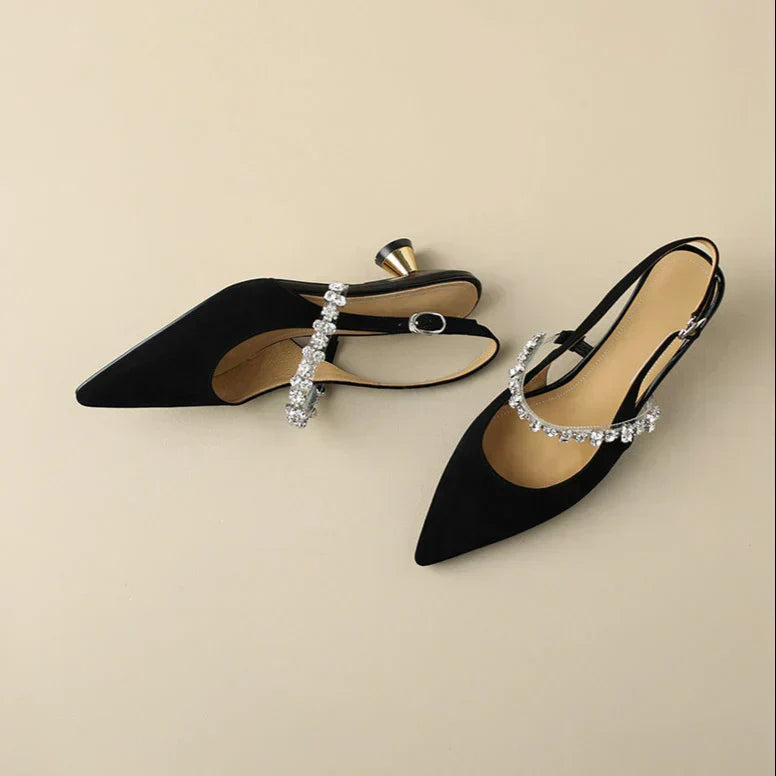 Sparkly crystal strap pointed toe slingback heels for women, perfect for weddings, parties, & galas.