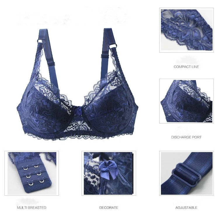 Close-up of a women's black plus-size lace push-up bra, showing delicate lace & strap detail.