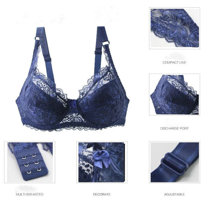Close-up of a women's black plus-size lace push-up bra, showing delicate lace & strap detail.