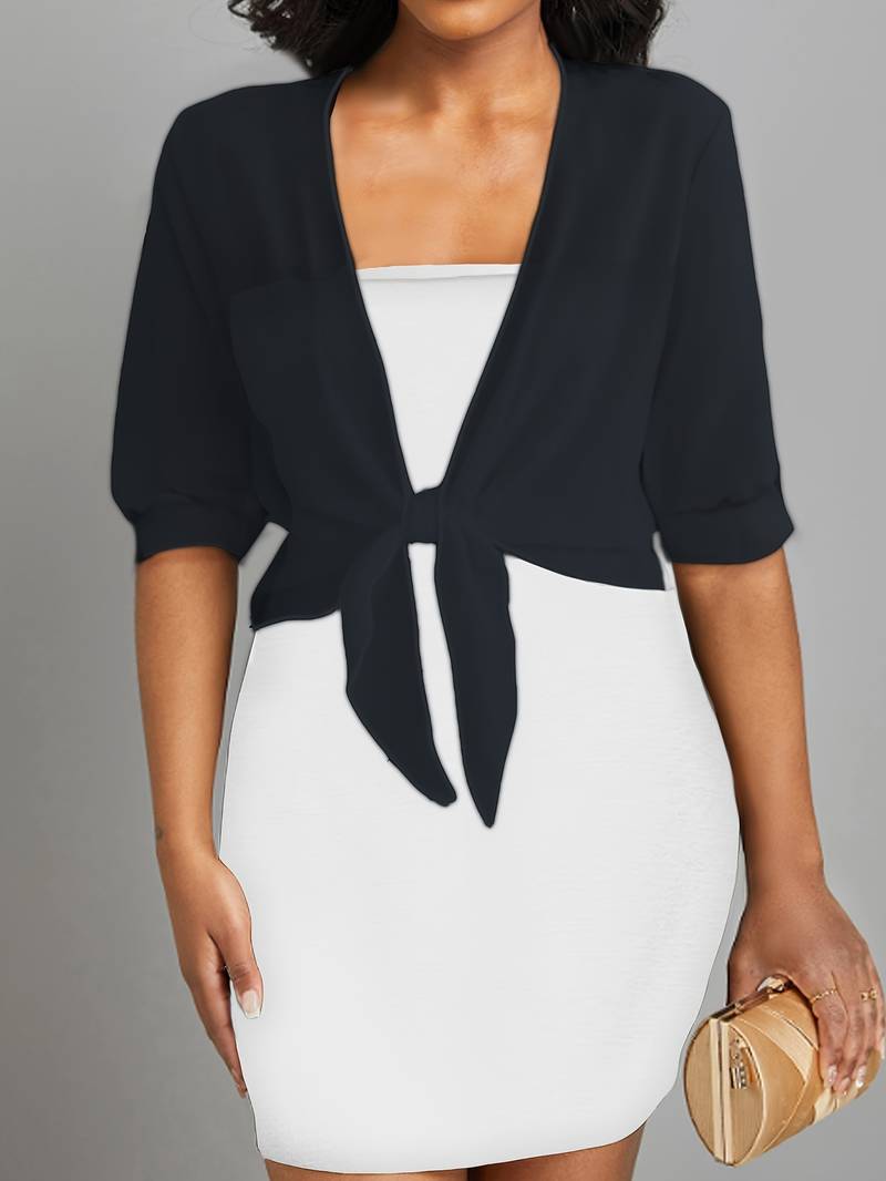 Versatile women's cropped bolero with tie-front, perfect for summer tops & daytime chic.