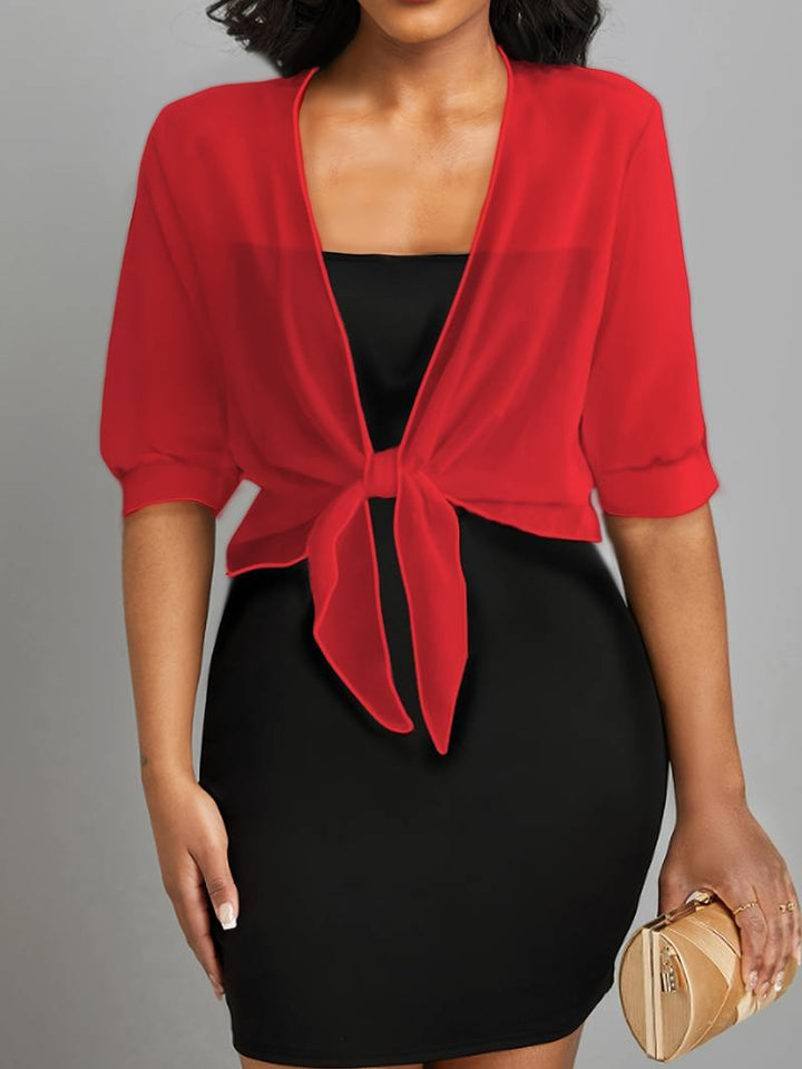 Stylish sheer half-sleeve bolero, a tie-front cropped top for elegant women's fashion.