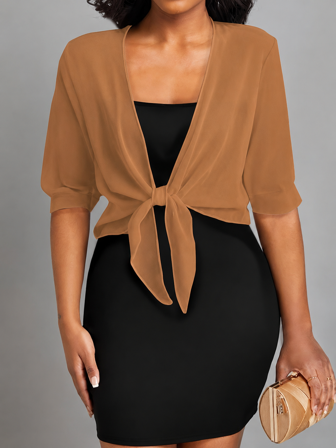 Women's elegant sheer tie-front bolero, a cropped top adding a sophisticated layer.