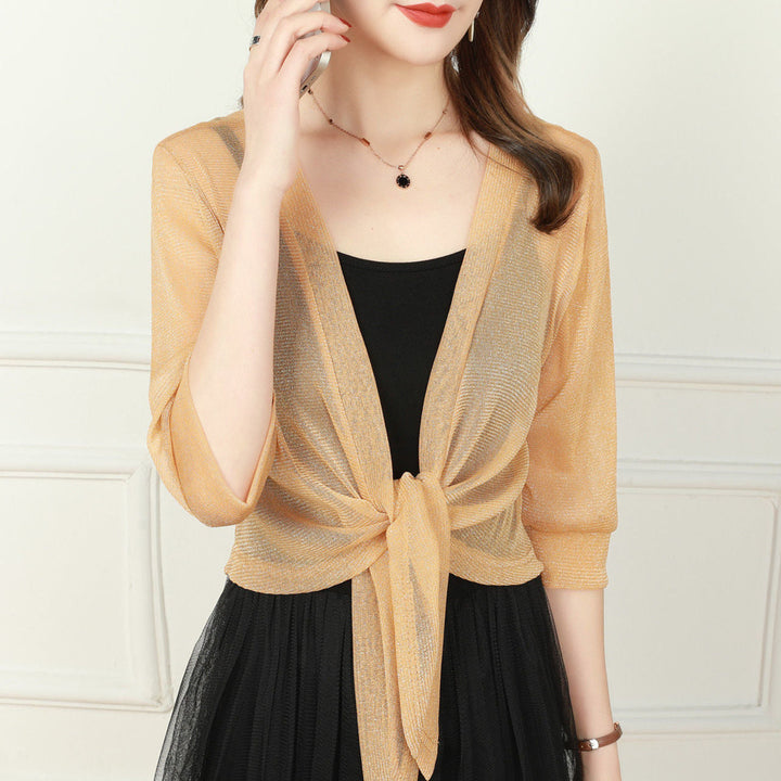 Lightweight women's half-sleeve sheer bolero, tie-front cropped top for versatile fashion.