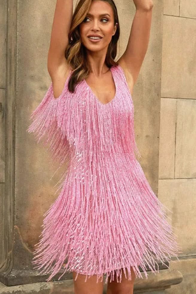 Elegant women's A-line shimmer cocktail dress with fringe, ideal for parties, evening events, & celebrations.