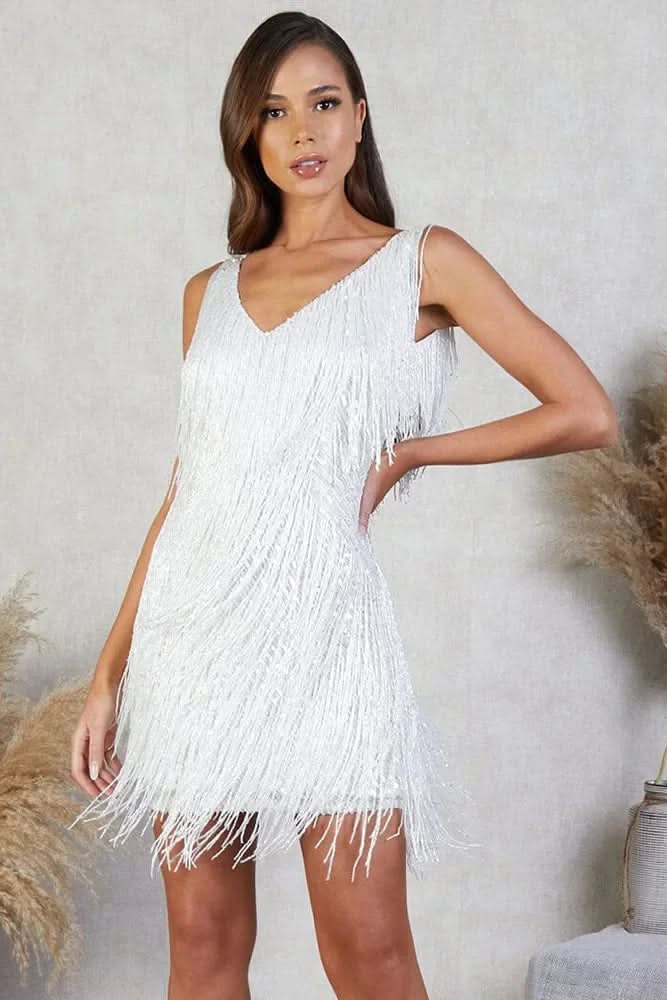 Sparkling women's A-line fringe party dress with shimmer, ideal for dancing & making a statement at events.