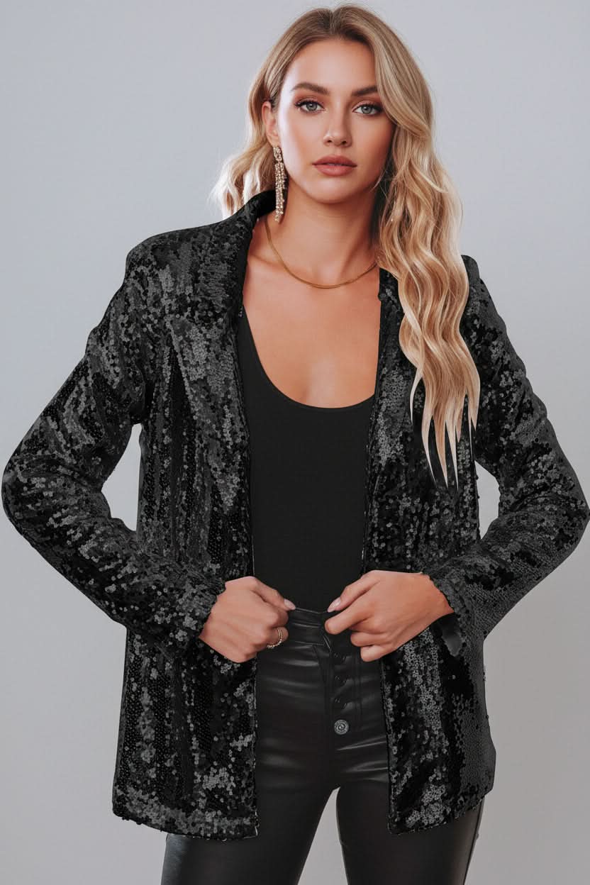 Close-up of a women's shimmering sequin blazer, a stylish sparkle top.