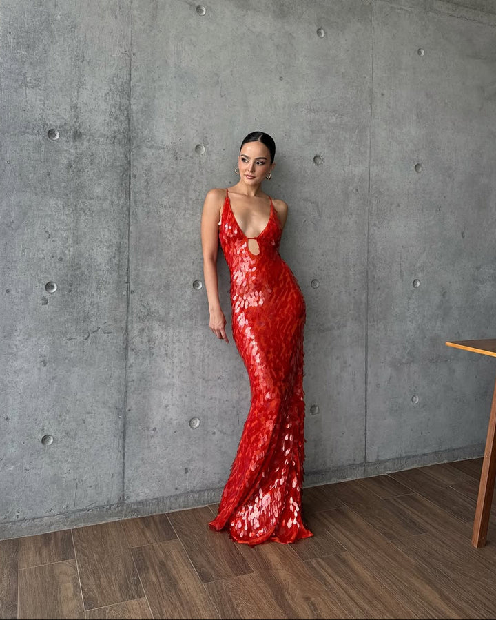 Vibrant red sequin plunge homecoming dress. A glamorous women's formal gown for evening parties & special occasions.
